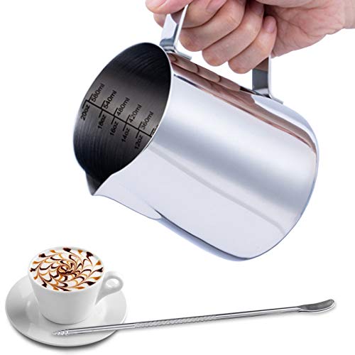 Emsmil 600ml Lattiera Brocca da Latte Art Professionale Decor Acciaio Inox Lattiere Bricco con Marchio di Misurazione e caffè Latte Art Pen per Cappuccino da Barista Espresso Making