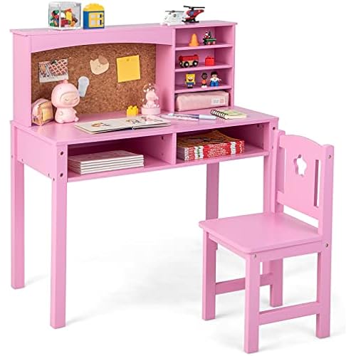 Costzon Kids Desk and Chair Set, Wooden Study Desk for Kids with Storage, Hutch, Cork Bulletin Board, Student Writing Computer Workstation, Kids Desk for Study Room, Bedroom, School, Pink