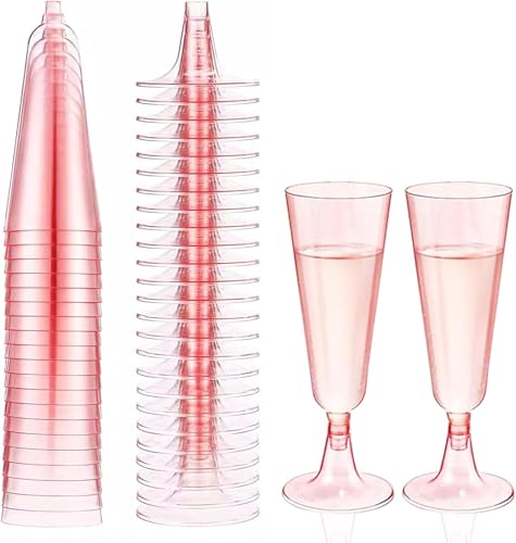 Daover 25Pack Clear Champagne Flutes, 150ml Pink Reusable Plastic Champagne Flutes with Glitter, Party Wine Glasses Crystal Wine Cocktail Glasses for Wedding Birthday Anniversary Party (Pink)