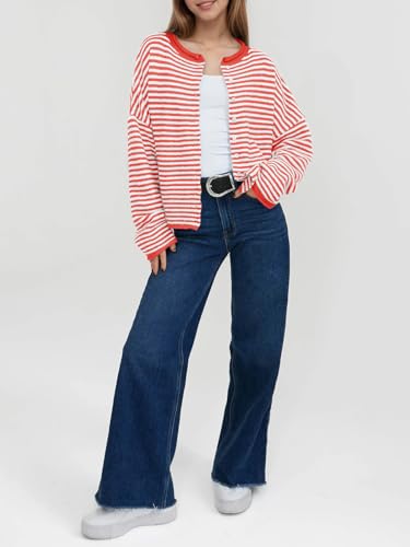 Image of Saodimallsu Womens Striped Cardigan Casual Long Sleeve Open Front Button Down Loose Knit Lightweight Fall Sweaters