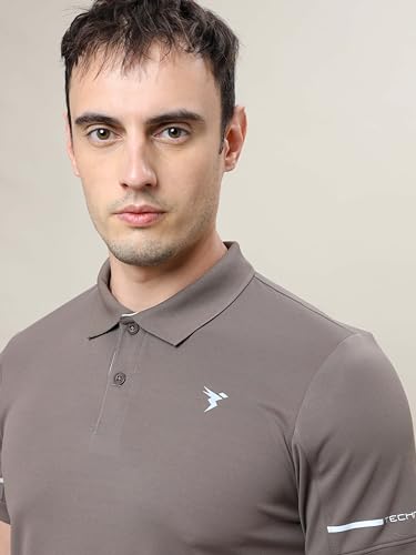 Image of TECHNOSPORT Men's Solid Slim Fit Polo Collar T-Shirt TECHNOCOOL+ Half Sleeve Button Polyester for Gym Running Workout UPF50+ Anti Odour