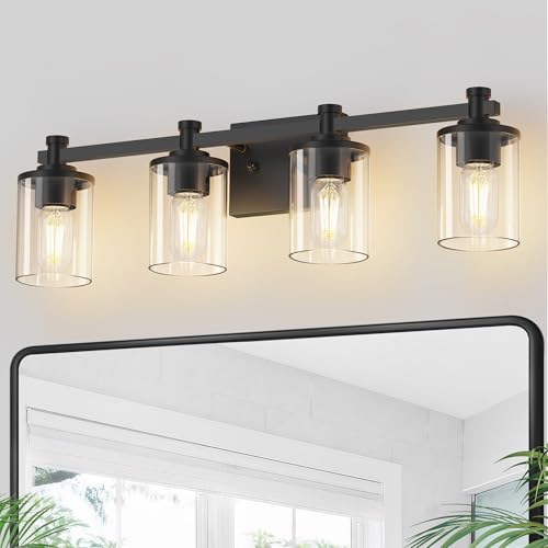 Image of DORESshop 4-Light Black Bathroom Light Fixtures Over Mirror, Modern Wall Sconce with Clear Glass Shade, Vanity Lights for Bathroom