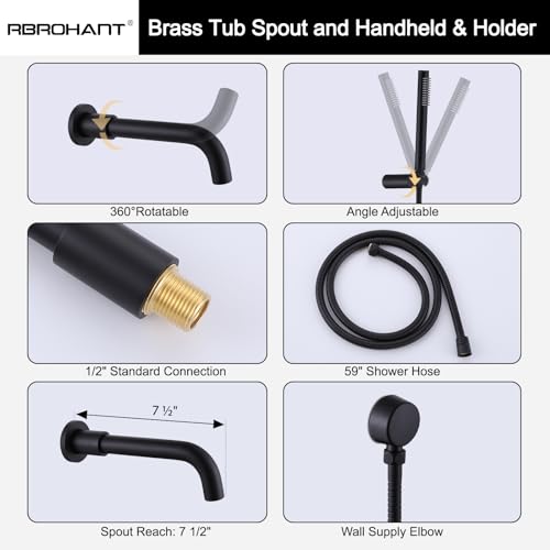 Sistema de ducha RBROHANT negro mate con grifo para bañera, juego de grifería para bañera y ducha de latón con válvula de tres vías, cabeza de ducha redonda de 10 pulgadas con grifo para bañera y ducha manual, modelo JK0300 miniatura 5
