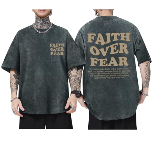Image of Christian Shirts for Men Faith Over Fear Oversized Shirt Acid Wash Tshirt Graphic Religious T Shirt Bible Verse Tees