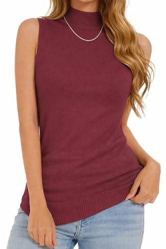 Image of Sleeveless Mock Neck Knit Tops for Women Slim Fit Turtleneck Sweater Vest Business Work Tank Pullover