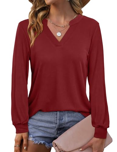 Beluring Camiseta de manga larga para mujer, elegante, cuello en V, túnica, monocolor, borgoña, M
