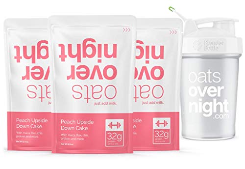 Oats Overnight - Oatmeal, Whey Protein, Rolled Oats, Low Sugar, Gluten-Free, Non-GMO, Peach Upside Down Cake, 2.8 Ounce (3 Pack with Blender Bottle)