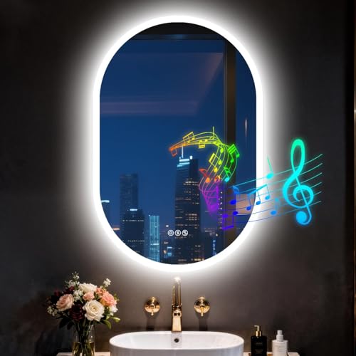 LUVODI 90x60cm Bluetooth Specchio Ovale Bagno Led Luce Antiappannamento 3000K-6000K Dimmerabile 3 Colori Luce Funzione Memoria Specchio Resina Retroilluminato Luce Bagno, Orizzontale o Verticale