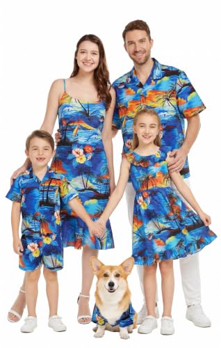Image of Hawaii Hangover Family Matching Hawaiian Clothes, Sunset Blue | Family matching Hawaiian outfits, Sunset Blue, 100% cotton, machine washable, tropical floral print, luaus, cruises