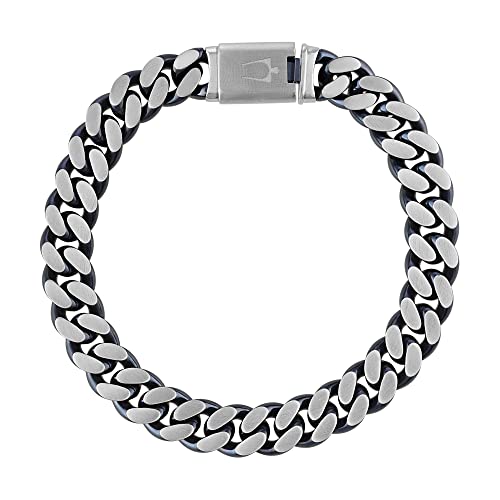 Bulova Men's Jewelry Classic Curb Chain Dual Surface Blue IP and Brushed Stainless Steel 10MM Bracelet