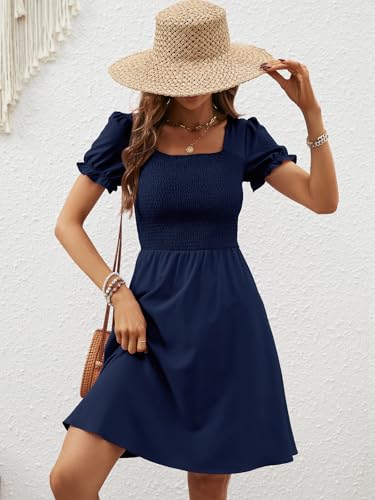 Image of Berydress Women's Summer Dresses 2026 Pockets Short Sleeve Square Neck Flowy A Line Casual Boho Smocked Mini Sun Dress