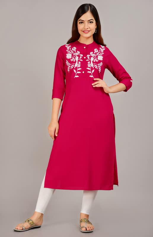 Image of NEW4U Women's Regular Fit Rayon Straight Buttoned Kurta | Designer Printed Kurti /Embroidery Kurta Round Neck Style with Buttons Ethnic Kurta