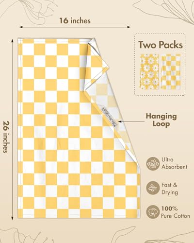 Image of Miss Adola 2 Pack Flour Sack Kitchen Towels - 16x26 Inch Cotton Dish Towels with Hanging Loop Reusable Geometric Modern Retro Tea Towel Absorbent Dishcloths Home Decor, Yellow Daisy