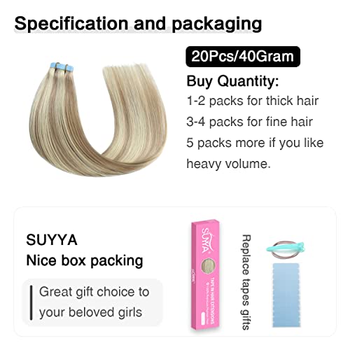 Image of SUYYA Tape In Hair Extensions Human Hair 12 Inch #P18 /613 Ash Bleach Blonde