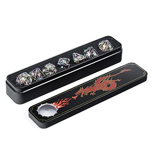 DNDND-Hollow-Metal-Dice-Set-7-PCS-Red-Hollow-Dice-with-Grogeous-Gift-Case-for-DND-Dungeons-and-Dragon-Tabletop-Game-Rainbow-with-White-Number