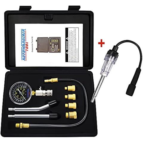 AutoWanderer Tool 9Pcs Engine Compression Tester Kit with Spark Plug Tester, Universal Automotive Petrol Gas Cylinder Pressure Gauge Set Engine Testing Tools M10, M12, M14, M18 Fitting Cover