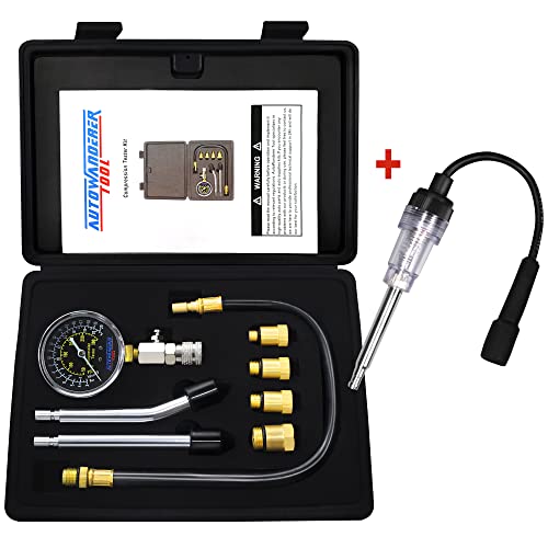 AutoWanderer Tool 9Pcs Automotive Engine Compression Tester Kit for Small Engine, Fuel Pressure Gauge, Cylinder Leak Down Tester with Spark Plug Tester for Gas Petrol Engines