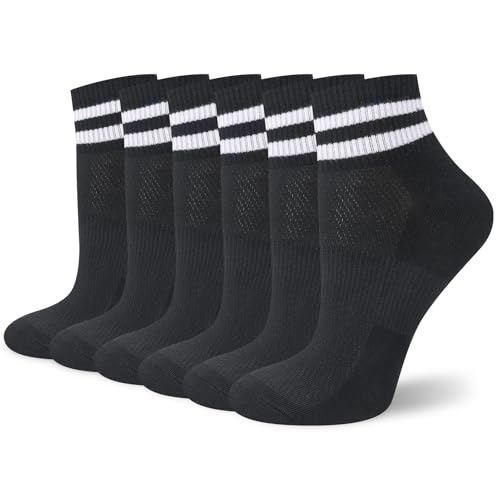 Utensilsto 6 Paar Socken Damen 35-38 Sneaker Socken Bunte Sneakersocken Retro Kurze Tennissocken Sportsocken Baumwollsocken mit Streifen Motiv Kurzsocken für Tenniss Sport Lauf Arbeit(schwarz)