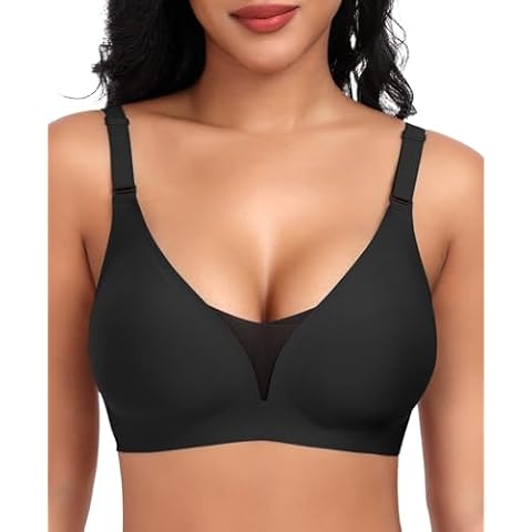 Womens Seamless Deep V Bras No Underwire Comfort Push Up Mesh Bras Lace Wireless Bralette Everyday Bra（Black,XL Cover