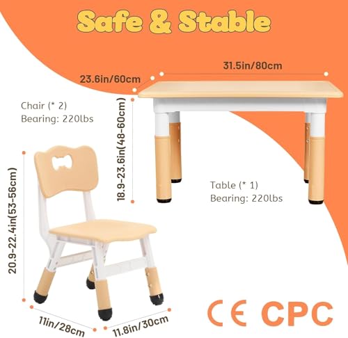 Image of Snazzy Kids Height Adjustable Table and 2 Chairs Set for Ages 3-8 for Classrooms Homes - Natural