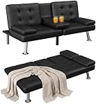 Homall Futon Sofa Bed, Leather Futon Couch with Removable Armrests, Adjustable Recliner Sleeper Sofa Bed with Dual Cup Holders for Living Room, Apartment, Office (Black)