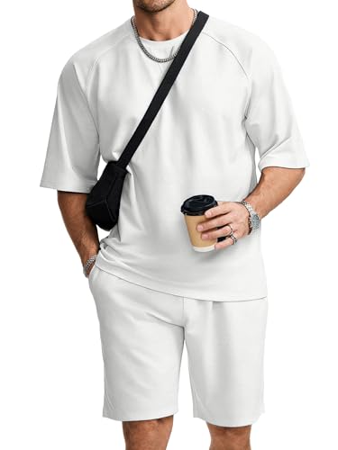 JMIERR Mens 2 Piece Outfits Oversized Casual Summer Shorts Set Raglan Sleeve T-shirts & Workout Short Suits for Men 2026, White M