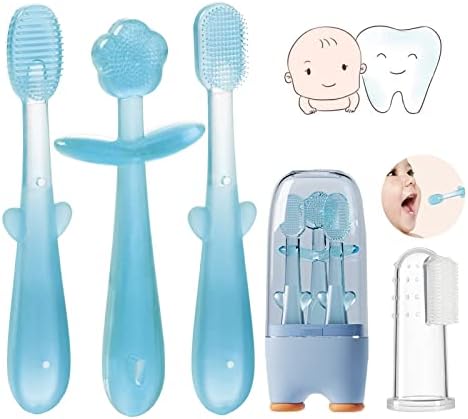 FOKiiBO Baby Silicone Toothbrush Set, Toothbrush + Tongue Brush + Baby Teether + Finger Toothbrush with Cup for Training Teething, 0-18M Infant Toddler Newborn Baby Toothbrush Teeth Brushes (Blue)