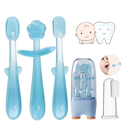 Fokiibo Baby Silicone Toothbrush Set, Toothbrush + Tongue Brush + Baby Teether + Finger Toothbrush With Cup For Training Teething, 0-18M Infant Toddler Newborn Baby Toothbrush Teeth Brushes (Blue) #TOP2