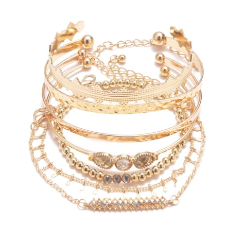 Goldene Boho-Armreifen für Damen, 7 Stück Stapelbare Vintage-Armbänder, Wahrsagerin, Piratenm und Bauchtänzerin Schmuck, Mehrlagiger Handgelenkschmuck Geschenk für Frauen