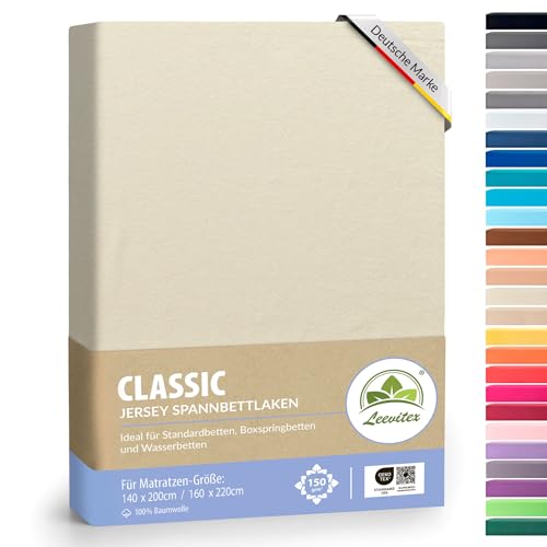 leevitex® Classic Jersey Spannbettlaken 140x200 – 160x220 cm | 150 GSM Baumwolle | Öko-Tex Zertifiziert | für Standard-, Boxspring- und Wasserbetten | 40 cm Steghöhe | 1er Pack | Creme