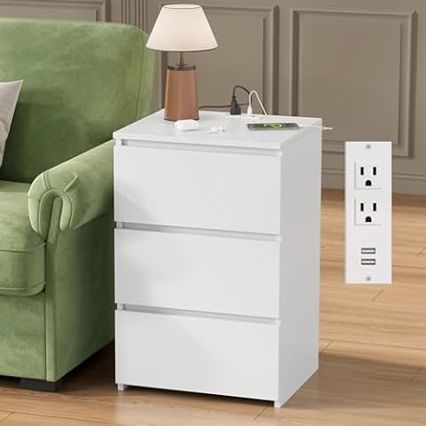 FOTOSOK White Nightstand, 26" H White Night Stand with Charging Station, White Nightstand with USB Ports & Power Outlets, Silent Slides, Wooden End Side Table Bedside Table with 3 Drawers for Bedroom Cover