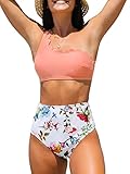 CUPSHE Women's Scalloped Trim One Shoulder Floral Bikini and Removable Padding Cups Two Pieces Bathing Suits, L Pink