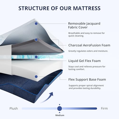 Image of EGOHOME 14 Inch Queen Mattress, Gel Memory Foam with Charcoal, Fiberglass Free, CertiPUR-US Certified, Temperature-Regulating, Machine Washable Cover, 80 inch x 60 inch x 14 inch, Medium