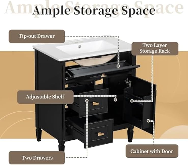 Linique 30 Bathroom Vanity with Sink Combo Set, 2 Drawers and a Tip-Out Drawer, a Adjustable Shelf and Soft Closing Cabinet Door with Organizer, Black