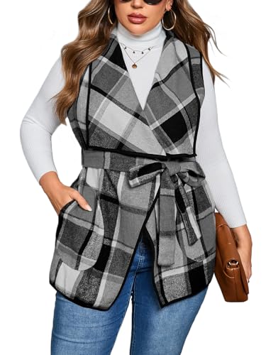 ZOMVA Women's Plus Size Plaid Long Vest Lapel Open Front Belted Sleeveless Shacket Casual Jackets Coat with Pockets Fall