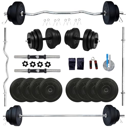 Image of BULLAR PVC Home Gym Set with 3 Feet Straight Rod and Ez Curl Bar, Dumbbell Rods, Gym Combo & Home Workout with PVC Weights Plates (30 Kg PVC Home Gym Set)