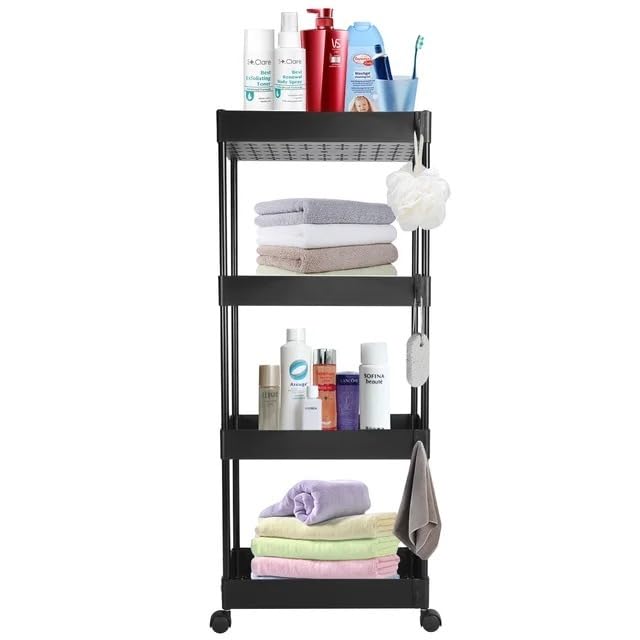 Image of Multipurpose 4-Tier Plastic Storage Rack with Wheels - Slim Organizer Shelf for Kitchen, Bathroom, Office & Home Use (Black)