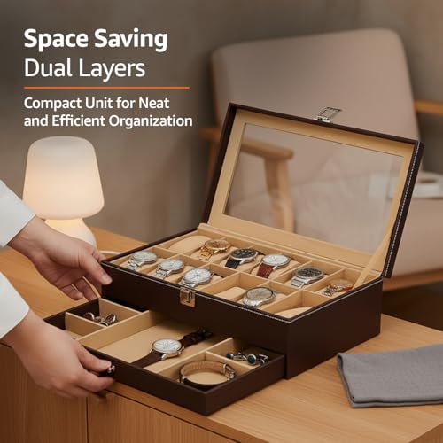 Image of Amazon Basics Sliding Drawer 12-Slot Watch and Jewelry Organizer - Faux Leather & MDF Storage Box for Men and Women, Brown