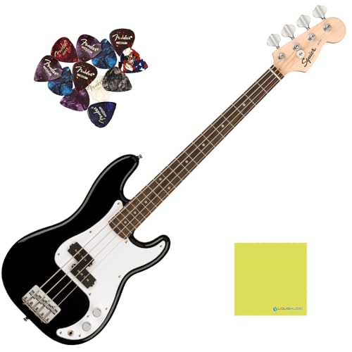 Fender Squier Bass Mini Precision Short Scale Bass Guitar, Indian Laurel Fingerboard, Black Bundle with 12x Fender Guitar Picks & Liquid Audio Instrument Polishing Cloth