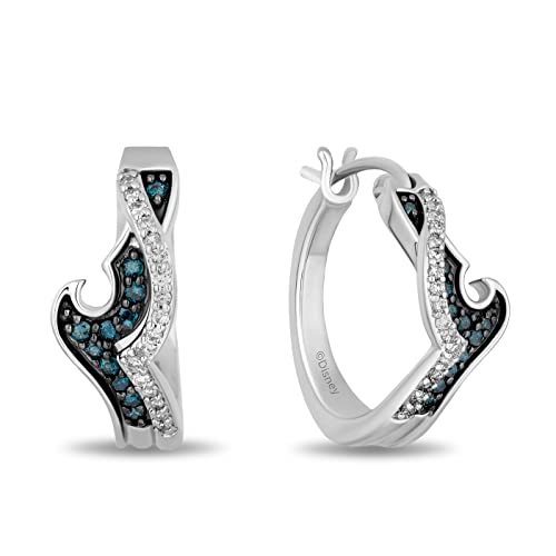 Jewelili Enchanted Disney Fine Jewelry Sterling Silver with 1/4 CTTW White Diamond and Treated Blue Diamonds Moana Hoop Earrings