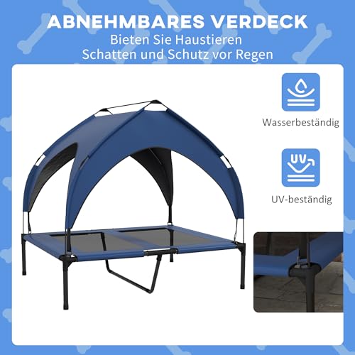 PawHut Erhöhtes Hundebett mit Baldachin, Haustierbett, Outdoor Hundeliege mit Dach, Atmungsaktiv, für große Hunde Dunkelblau Oxford 91 x 76 x 89 cm