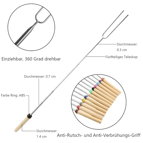 Grillspieße Teleskop Marshmallow, 8 Stück Roasting Sticks Edelstahl Ausziehbar 31-81cm, Stockbrot und Marshmallow Spieße für Camping, Lagerfeuer, Gartenparty