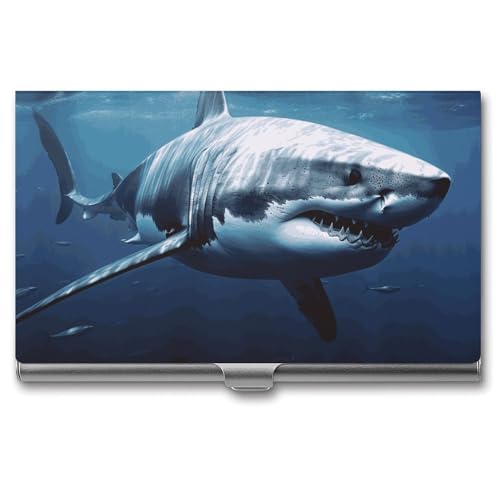 Business Card Holder Great White Shark Business Card Case Slim Business Card Organizer with Magnetic Shut Professional Metal Name Card Holder Carry-on Pocket Wallet for Men Women