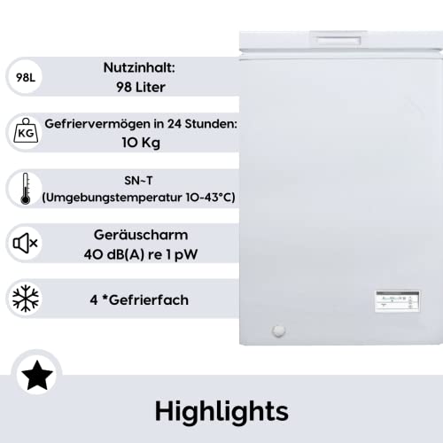Foto von YUNA Gefriertruhe FROSTER 100 I 98L Nutzhinhalt I inkl. Dual-Modus für Tiefkühlung und Kühlung I Gefriervermögen in 24H 10Kg I 4****Gefrierfach I Standgerät I Leise Laufleistung mit 40dB I Weiß