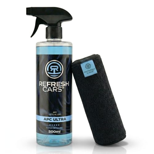Refresh Cars Limpiador Tapiceria Coche y Salpicaderos – APC Spray Limpieza Interior y Motor – Quitamanchas Asientos, Techo y Alfombrillas – Ph Neutro Aroma Fresco – Kit con Bayeta Microfibra (500ml)