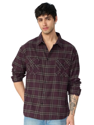 Image of The Souled Store Plaid: Autumn Men and Boys Long Sleeves Collared Neck Button Front Cotton Relaxed Shirts