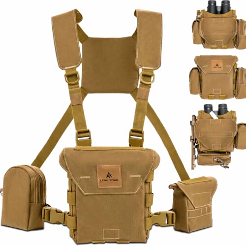 Lone Trail Waterproof Binocular Harness Chest Pack - Lightweight Bino Harness With Rangefinder Pouch | Binocular Case with Silent Magnetic Closure and MOLLE System (LT1 Coyote Brown)