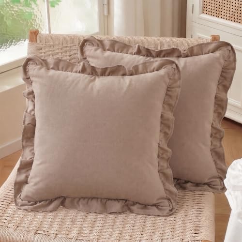 Image of HOSTECCO Pack of 2 Taupe Ruffle Cushion Covers 45x45 cm, Solid Color Decorative Scatter Cushion Cases with Frill Edge, Romantic Cottage Room Decor