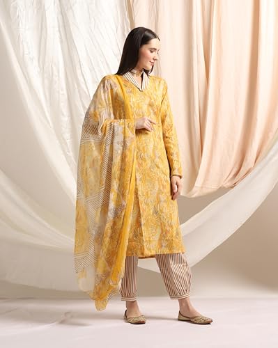 Greciilooks Women Cotton Blend Casual Regular Fit Kurta Pant Set (Yellow, Xxx-Large)