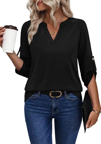 Image of XIEERDUO 3 /4 Length Sleeve Womens Tops V Neck T Shirts Both Side Buttons Blouses Business Casual Outfits Loose Fit